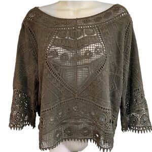 Ultra Pink Crochet Look Knit Top NEW Olive, Lace Accents | Small | Boho Cottage